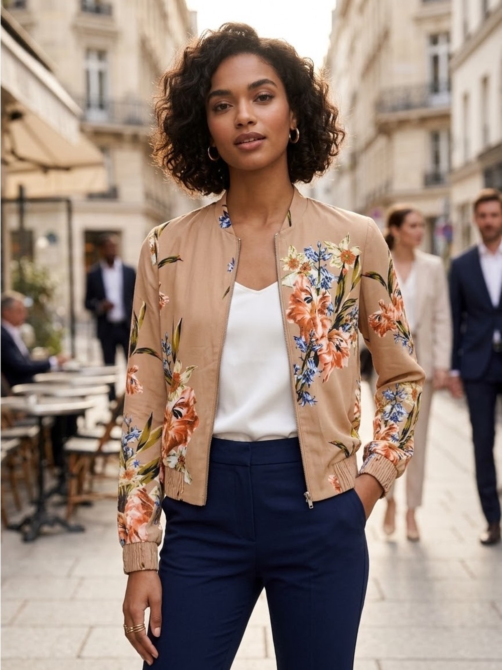 Aritzia Babaton Gilroy Floral Zip-Front Bomber Jacket - Tan - Size XS